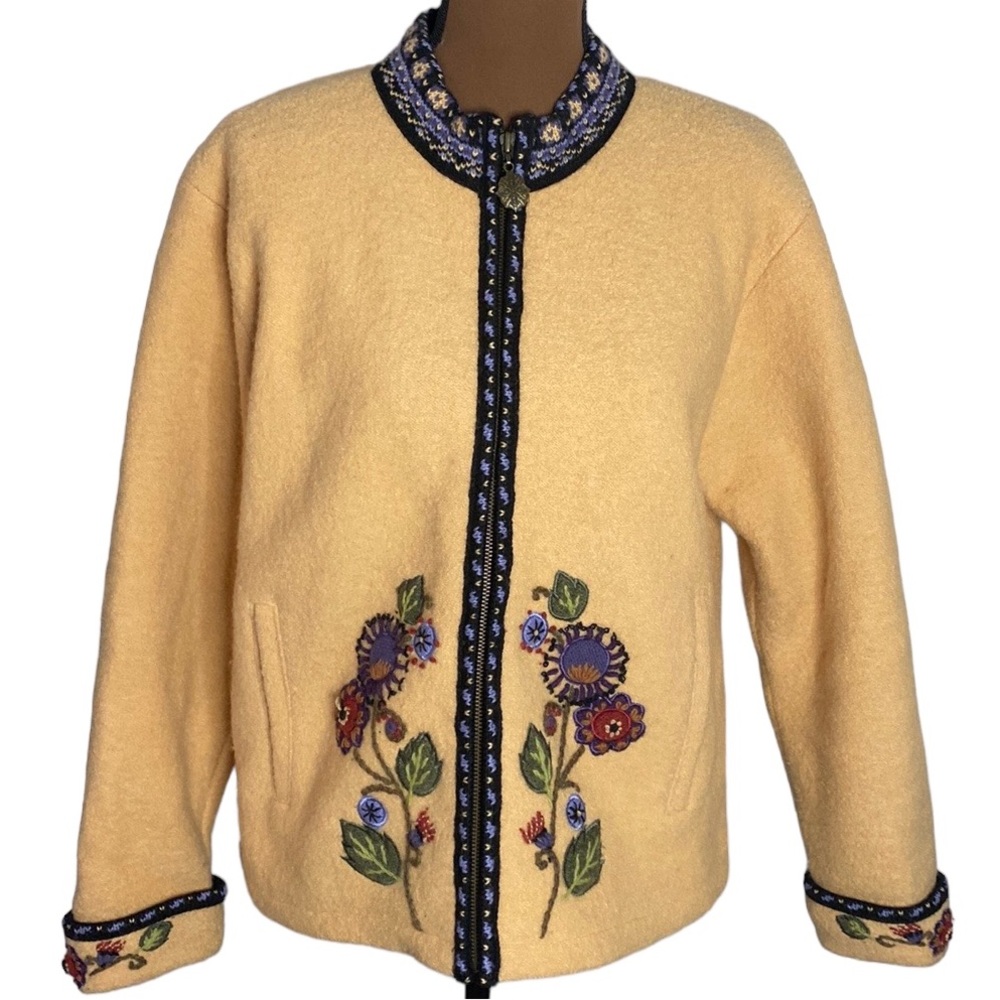 Icelandic Design wool boucle zippered embroidered jacket pale ochre size L